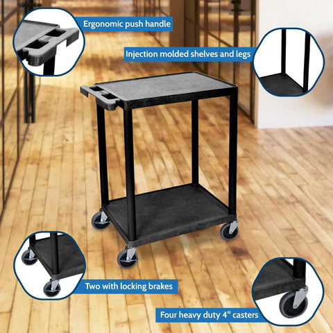 Heavy Duty Multipurpose Utility Cart With Two Shelves Black Durable HDPE Shelves And PVC Legs That Will Not Rust Or Scratch Supports Up To 300 Lbs Slim 24 Inch Wide Design Ergonomic Handle And Smooth 4 Inch Casters For Easy Transport