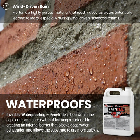 Rock Solid Deep Penetrating Brick And Concrete Sealer on brick wall with droplets showing waterproof properties.