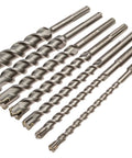 7 Piece Carbide Tipped Masonry Drill Bit Set For SDS Max Rotary Hammers Heavy Duty Concrete Brick Tile Bits With Long Reach 13 Inch Total Length Four High Grade Carbide Cutting Points For Fast Clean Holes on white background