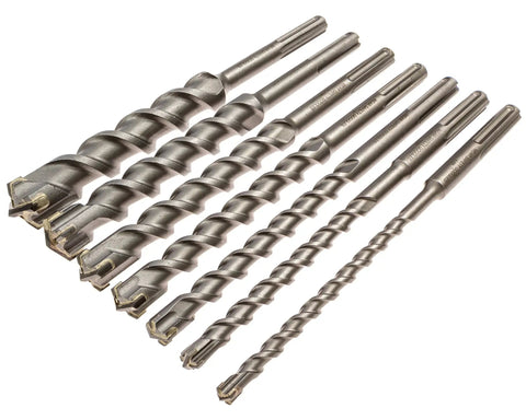 7 Piece Carbide Tipped Masonry Drill Bit Set For SDS Max Rotary Hammers Heavy Duty Concrete Brick Tile Bits With Long Reach 13 Inch Total Length Four High Grade Carbide Cutting Points For Fast Clean Holes on white background