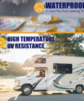 RV Roof Tape 4 Inch By 50 Feet Weatherproof Sealant Tape For RV Repair And Camper Roof Sealing UV Resistant White Butyl Sealant Tape For Windows Boats Trailers And Trucks Easy Install To Stop Leaks showing UV resistance and waterproof features