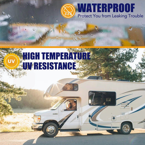 RV Roof Tape 4 Inch By 50 Feet Weatherproof Sealant Tape For RV Repair And Camper Roof Sealing UV Resistant White Butyl Sealant Tape For Windows Boats Trailers And Trucks Easy Install To Stop Leaks showing UV resistance and waterproof features