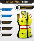 Womens Hi Viz Safety Vest With 9 Pockets, Class 2 Reflective ANSI OSHA Rated, Snug Fit Construction Gear, Yellow Small shown with features
