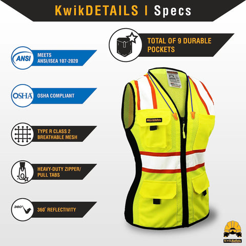 Womens Hi Viz Safety Vest With 9 Pockets, Class 2 Reflective ANSI OSHA Rated, Snug Fit Construction Gear, Yellow Small shown with features