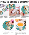 Dog Diamond Art Coaster Kit For Beginners With Holder DIY 8 Pack Diamond Painting Coasters Set Includes Cork Bases Diamonds Pen Glue Tray And Bonus Extra Diamonds For Easy Creative Crafting illustrating step-by-step instructions for creating coasters.