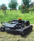 Remote Control Lawn Mower With Tracked Drive for slopes and uneven ground in grassy field, wireless heavy duty mowing machine.