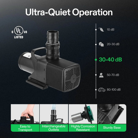 VIVOSUN submersible pond pump, black plastic, UL-listed, for ponds, waterfalls, and aquariums