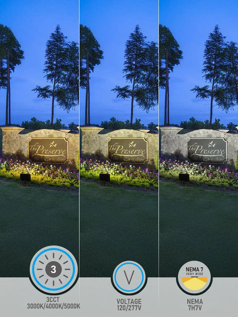 Beast Mode Adjustable LED Flood Light Outdoor With Knuckle Mount illuminating a garden in 3000K, 4000K, 5000K color temps.