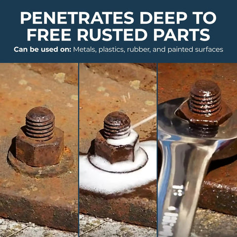 Penetrating Oil 34 Oz Multipurpose Lubricant And Rust Remover loosens rusted bolts in a step-by-step process on metal surface
