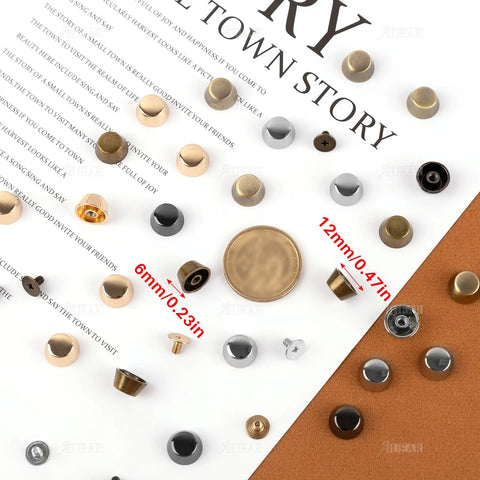 Thirty Pack Screw Back Rivet Studs Zinc Alloy Nail Head Hardware in assorted colors, sizes 6mm and 12mm for leatherwork projects.