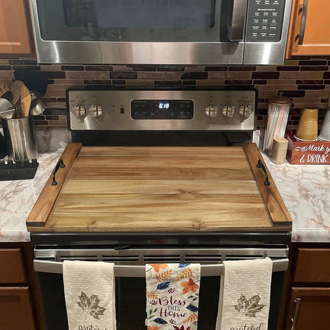 Noodle Board Stove Cover With Handles Adds Extra Counter Space For Electric And Gas Stovetops Acacia Wood Kitchen Organizer For Small Apartments RVs Tiny Kitchens Keeps Stove Clean And Ready For Use