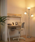 Double LED Floor Lamp With Two Reading Lights Dimmable Torchiere Tall Silver Standing Lamp in a modern home office setting