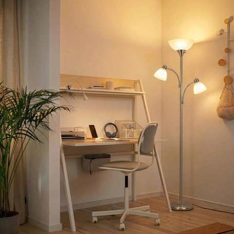 Double LED Floor Lamp With Two Reading Lights Dimmable Torchiere Tall Silver Standing Lamp in a modern home office setting