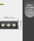 Slick Black 4 Inch Rectangular Trimless Triple Head Gimbal Downlight delivering 54 To 84 Watt output with dimensions showing 17.40 x 7.32 inches.