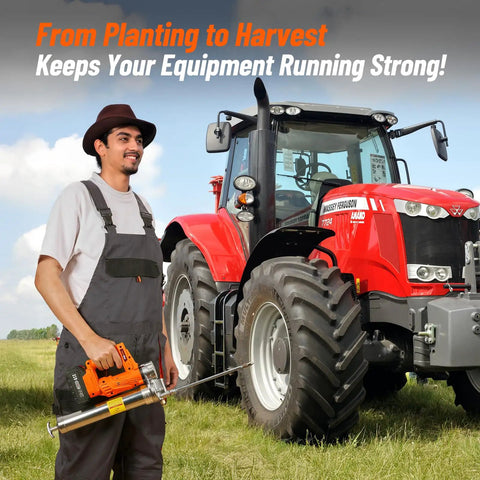 Man holding Electric Grease Gun With 10,000 PSI High Pressure, 4.6 Oz Per Minute Flow, standing near a red tractor