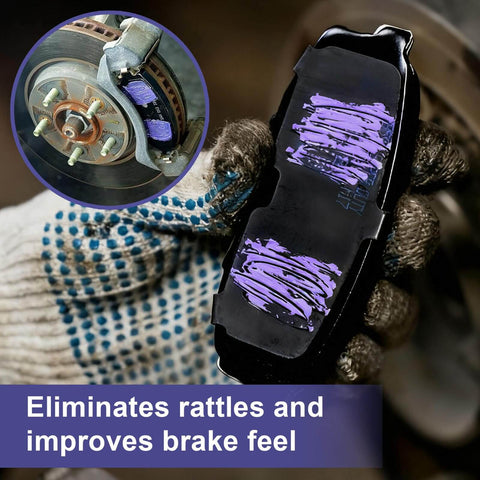 Close-up of Ceramic Brake Lubricant For Caliper Pins High Temp Synthetic Brake Lube with purple formula applied to brake components