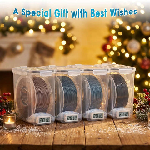 Christmas-themed Filament Storage Box Set For 3D Printer Four Pack 4L Containers With Hygrometers on a festive table