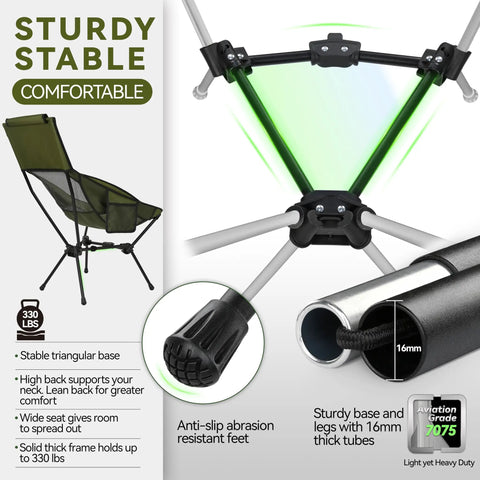 Lightweight Folding High Back Camping Chair With Head Support Go To Gear For Outdoor Camping Travel Beach Picnic Festival Hiking Backpacking In Highback Green showcasing sturdy triangular base and anti-slip feet