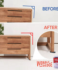 Before and after using Flexible Plastic Shims For DIY Leveling And Adjustable Support, Furniture Levelers, Made In USA.
