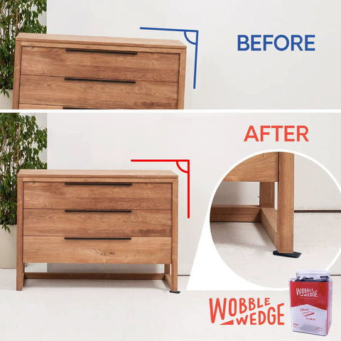 Before and after using Flexible Plastic Shims For DIY Leveling And Adjustable Support, Furniture Levelers, Made In USA.