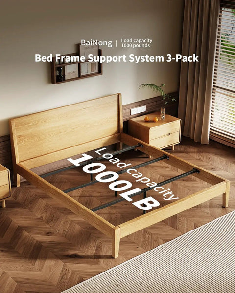 Heavy Duty Queen Bed Frame Sag Saver Center Support Cross Bars Steel Reinforcement Kit Fits 70 To 80 Inch Frames in a modern bedroom.