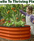 Child gardening with Open Base Galvanized Raised Garden Bed For Outdoor Use 4 By 2 By 1 Ft Planter For Veggies Flowers And Herbs Orange Metal Garden Box Built Tough Weatherproof And Easy To Assemble.