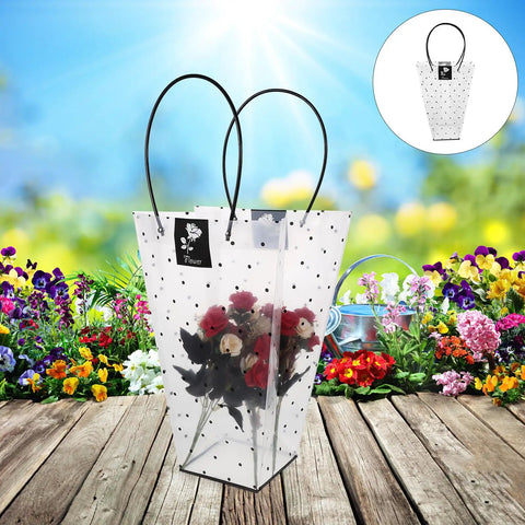Clear Plastic Flower Packaging Bags With Handle For Bouquets in garden setting with colorful floral backdrop.