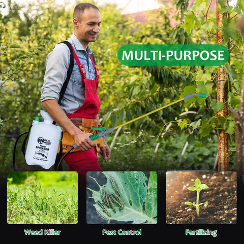 Man using 1-Gallon Handheld Sprayer with Easy-Carry Shoulder Strap and Easy Fill Funnel, translucent white tank in garden
