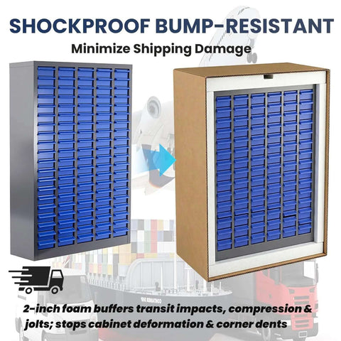100 Drawer Parts Cabinet With Shelves And Label Stickers Bolt And Nut Organizer For Garage Or Shop Pro Grade Steel Tool Storage Cabinet For Small Parts And Hardware Organization, shown in shipping packaging with shockproof features.