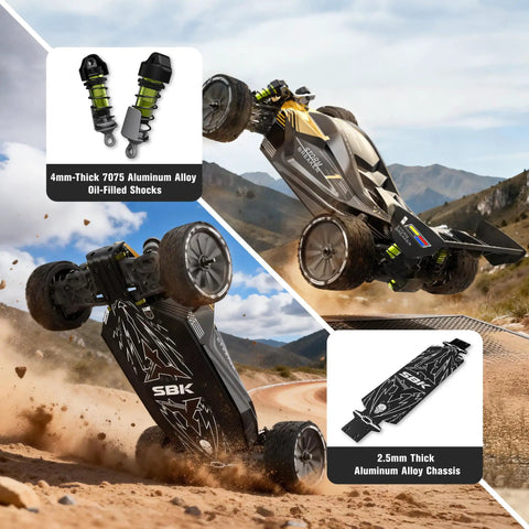 One Tenth Scale Brushless RC Monster Truck Ready To Run with 4WD, showcasing aluminum alloy shocks and chassis, outdoor terrain.