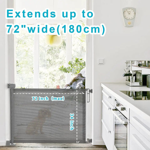Retractable Baby Gate For Stairs And Doorways With Upgraded Double Lock 34 Inch Tall Extends Up To 72 Inch Wide Mesh Pet Gate in kitchen
