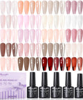 All In One Gel Nail Polish Kit With 20 Neutral Shades Base Coat And Glossy Matte Cateye Top Coat UV Cured bottles and color swatches