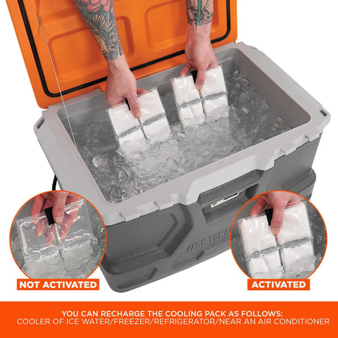 Hands placing ice packs for Cooling Vest With Four Ice Packs, Ultra Lightweight, Fast Recharge Cooling, Black, Small Medium in cooler