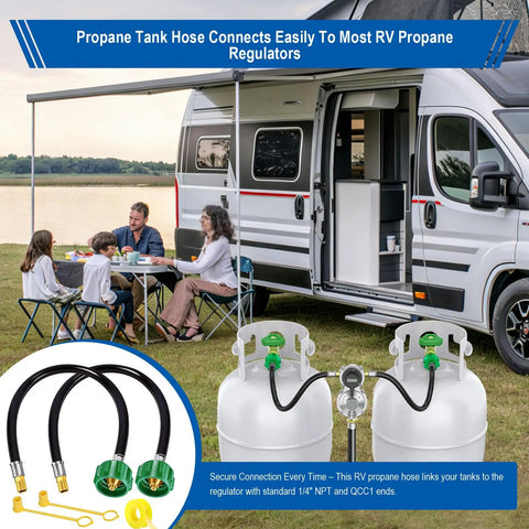 Family camping with Discover the Ultimate 15-Inch RV Propane Hose in a Solid 2-Pack Setup, hooked up to RV propane tanks