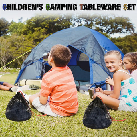 Children sitting by a tent with camping mess kits, featuring Lightweight Four Person Camping Mess Kit With 22 Oz Cup 7.87 Inch Plate