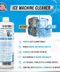 Ice Machine Cleaner Descaler 32 Fl Oz Nickel Safe No Fuss Solution For All Ice Makers And Machines Including Countertop Portable Built In And Commercial Units Eight Uses Per Bottle USA Made bottle with before after ice images