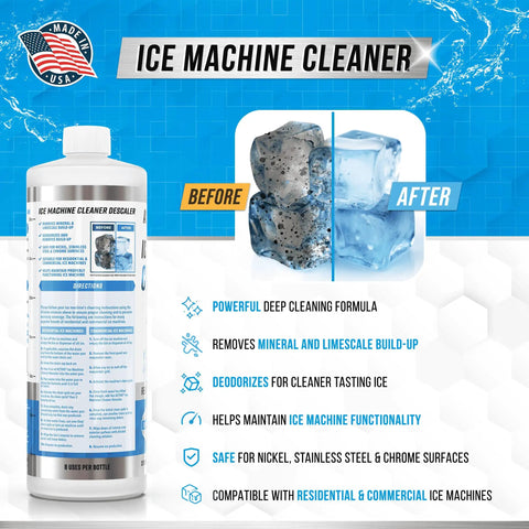 Ice Machine Cleaner Descaler 32 Fl Oz Nickel Safe No Fuss Solution For All Ice Makers And Machines Including Countertop Portable Built In And Commercial Units Eight Uses Per Bottle USA Made bottle with before after ice images