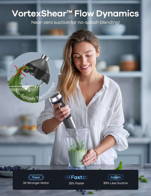 Woman using Hella Sick Corded Immersion Blender Pumps Out 1000 Watts Raw Power With 8 Interchangeable Attachments and Stainless Steel Blades.