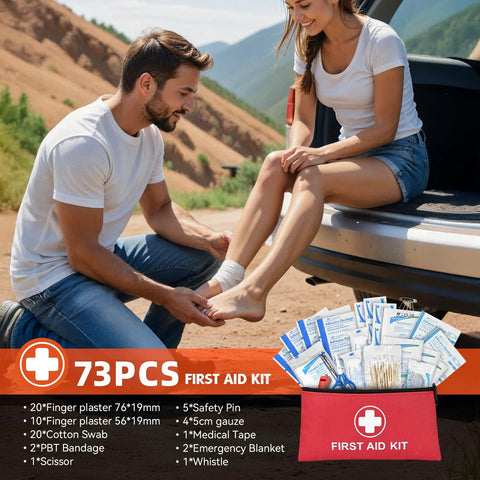 Car emergency kit with red 73-piece first aid bag opened beside a car trunk