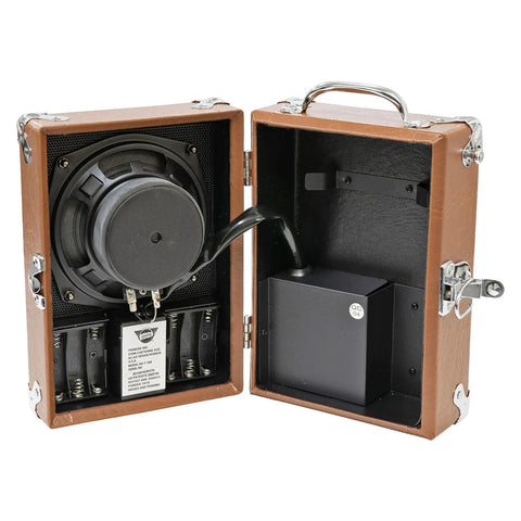 Open back view of the Legendary 7-100 Portable Guitar Amp On The Go With Tonebird Bundle, Brown Tolex Finish, battery compartment visible.