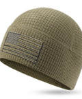 Grid Fleece Beanie With American Flag Embroidery For Outdoorsy Folks, side view showing waffle texture and flag patch.