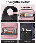 Close-up of pink Under Seat Personal Item Bag For Travel TSA Approved 18x14x8 Inches with padded straps and organized pockets.