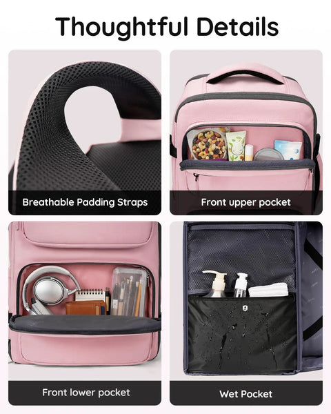 Close-up of pink Under Seat Personal Item Bag For Travel TSA Approved 18x14x8 Inches with padded straps and organized pockets.