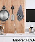Industrial Pipe Wall Hooks Set Of 2 For Bathroom And Coat Rack, mounted in kitchen with pan and cloth hanging