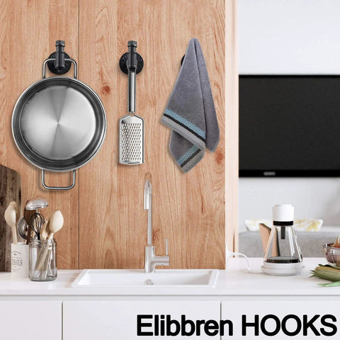 Industrial Pipe Wall Hooks Set Of 2 For Bathroom And Coat Rack, mounted in kitchen with pan and cloth hanging