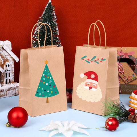 Bulk 150 Pack Brown Kraft Paper Gift Bags With Handles 5.25 x 3.2 x 8 Inches featuring Christmas tree and Santa designs.
