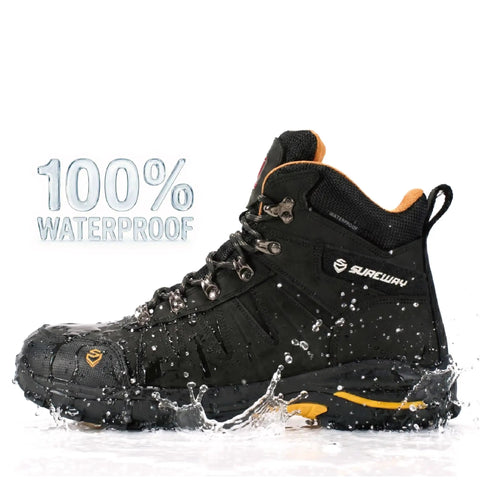 6 Inch Waterproof Steel Toe Work Boots For Men Leather Lace Up EH Rated Slip Resistant Outsole