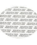 White 51mm foam lid liner, circular disc with repeated SEALED for YOUR PROTECTION text.