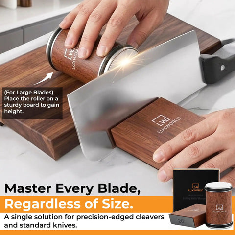 Rolling Knife Sharpener With Diamond And Ceramic Disc Technology for Kitchen and Pocket Knives shown sharpening a cleaver