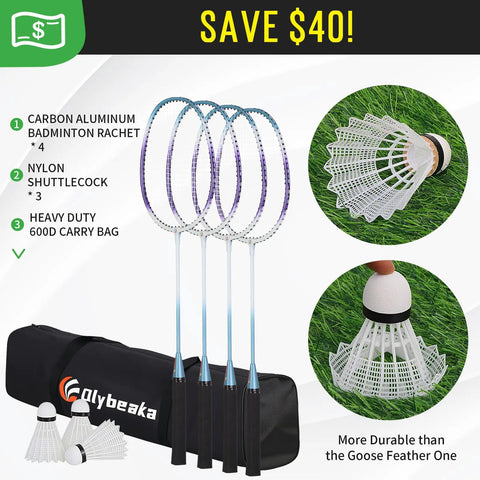 Outdoor Badminton Net Set For Backyard And Beach Play With A Dope 20 Foot Long 3 Foot High Anti Sag Net Four Aluminum Rackets Three Shuttlecocks Carry Bag Easy Setup And Portable Family Fun Kit featuring rackets, shuttlecocks, and carry bag.